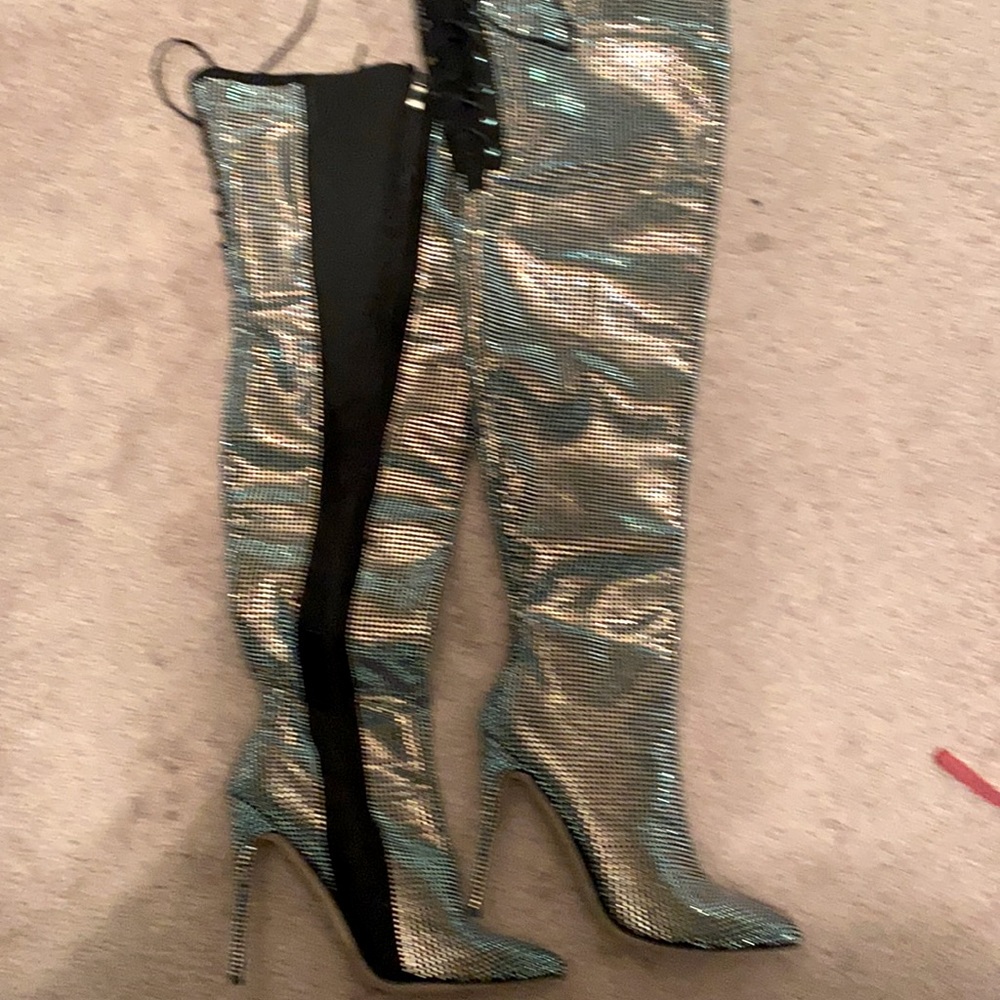 Multi colored shimmer thigh high boots
